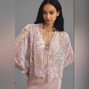 Joie Feyanna Long Sleeve Silk Floral Top in Lavender Mist- Size XXS (Oversized)